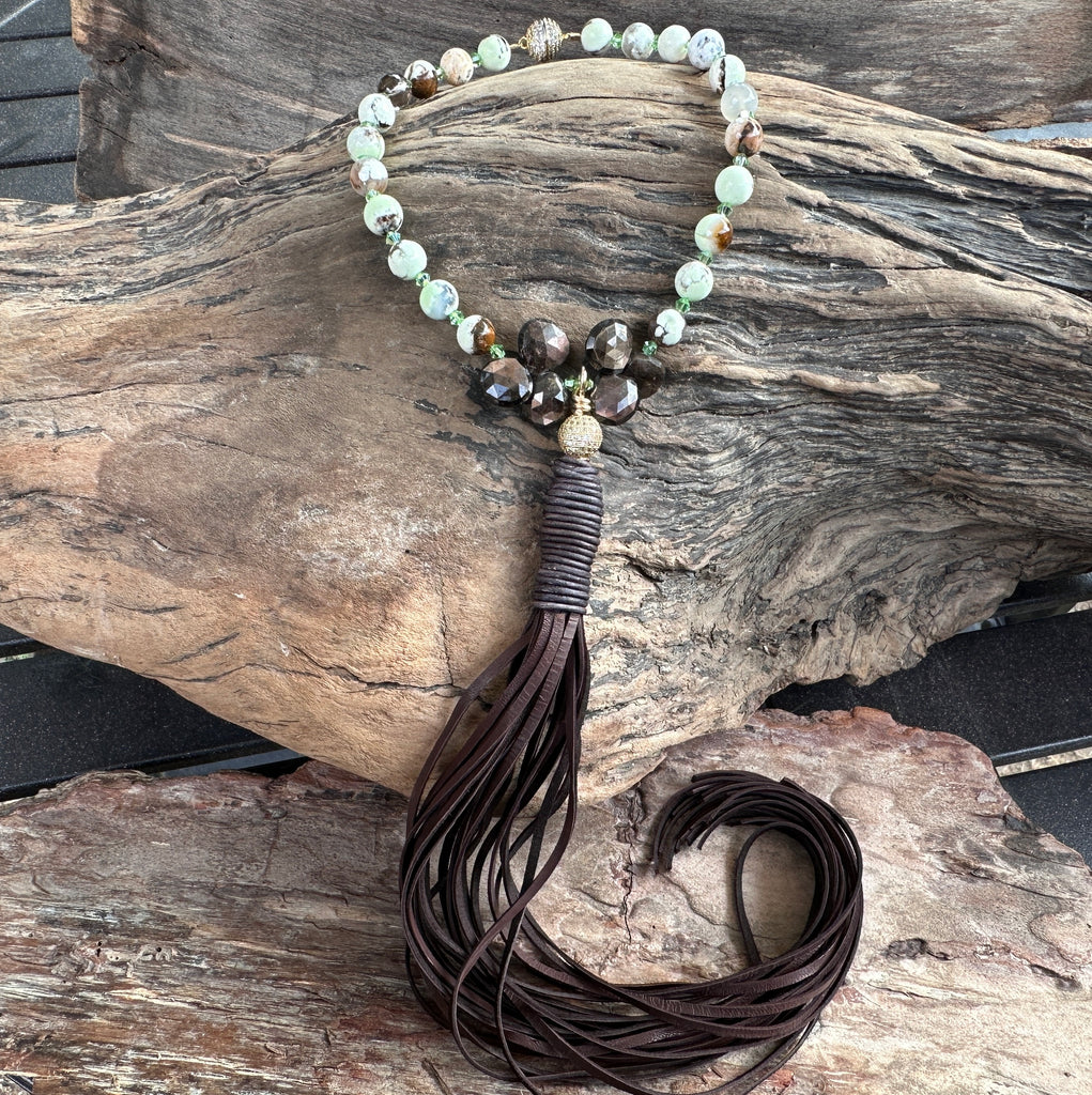 Chrysoprase and Brown Sapphire Tassel Necklace