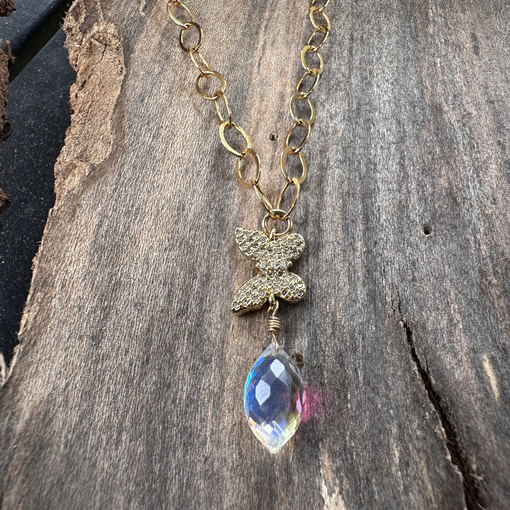14K GF CZ Butterfly and Mystic Quartz Necklace