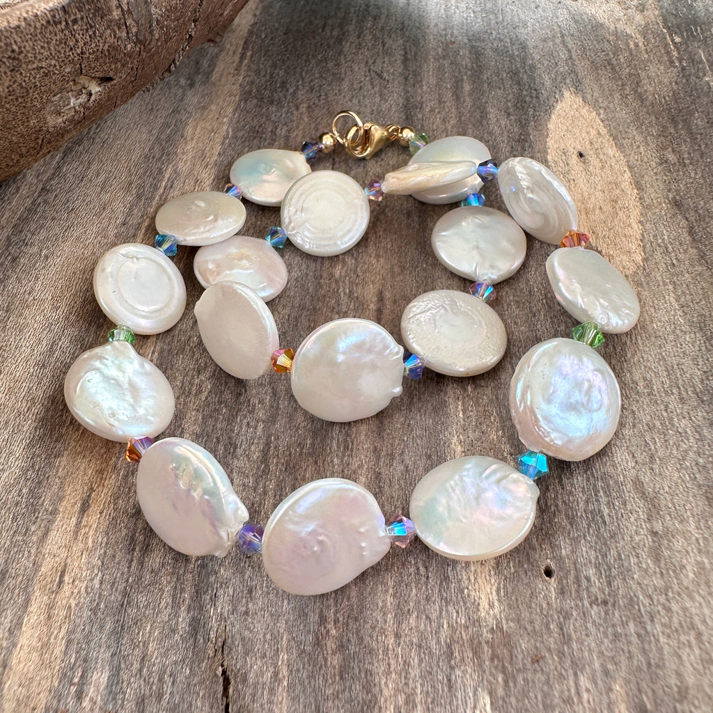 Freshwater Coin Pearl and Multi-colored Swarovski Crystal Necklace