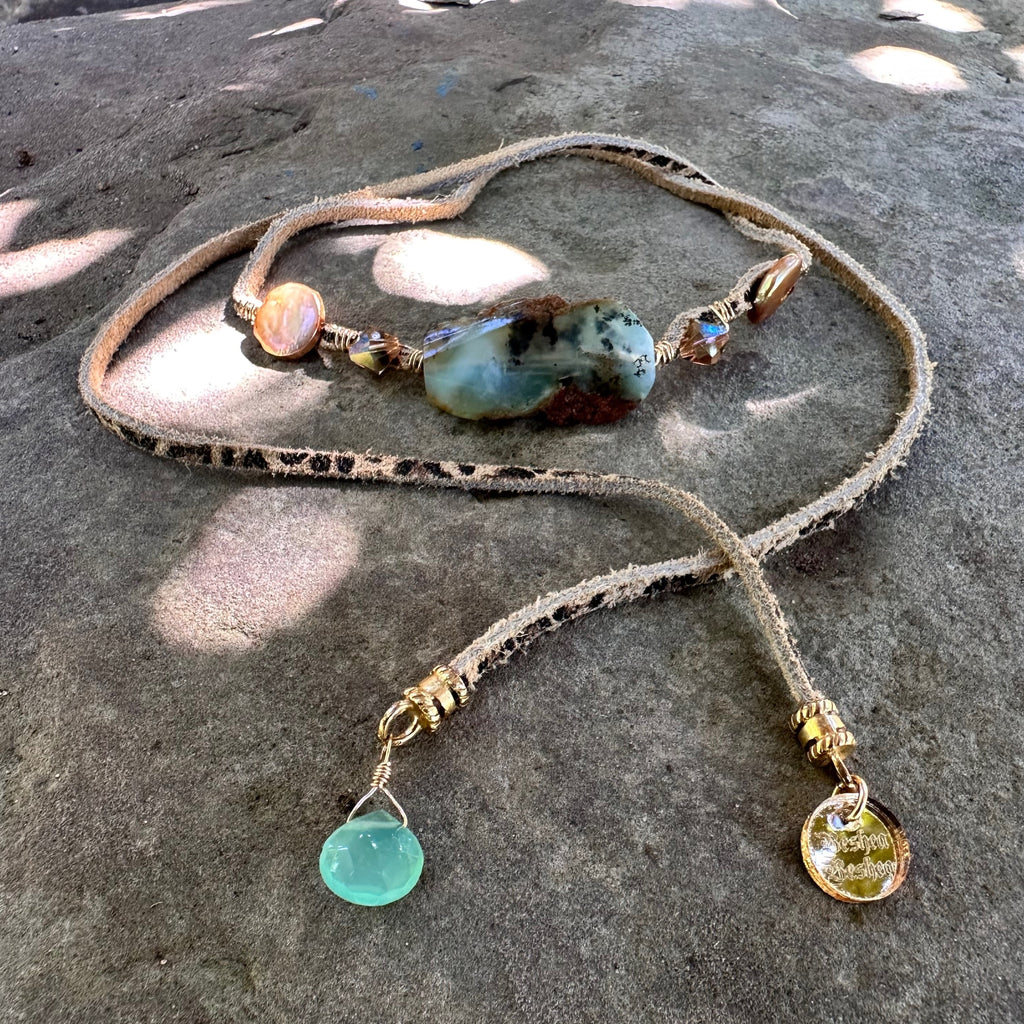 Chrysoprase, Pearl and Crystal Leather Wrap