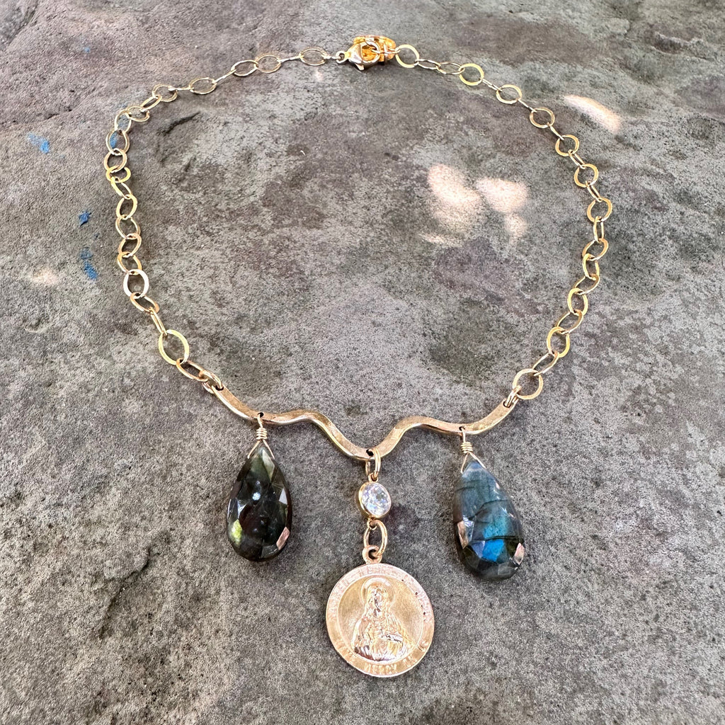 Labradorite and Jesus Charm Bar Necklace