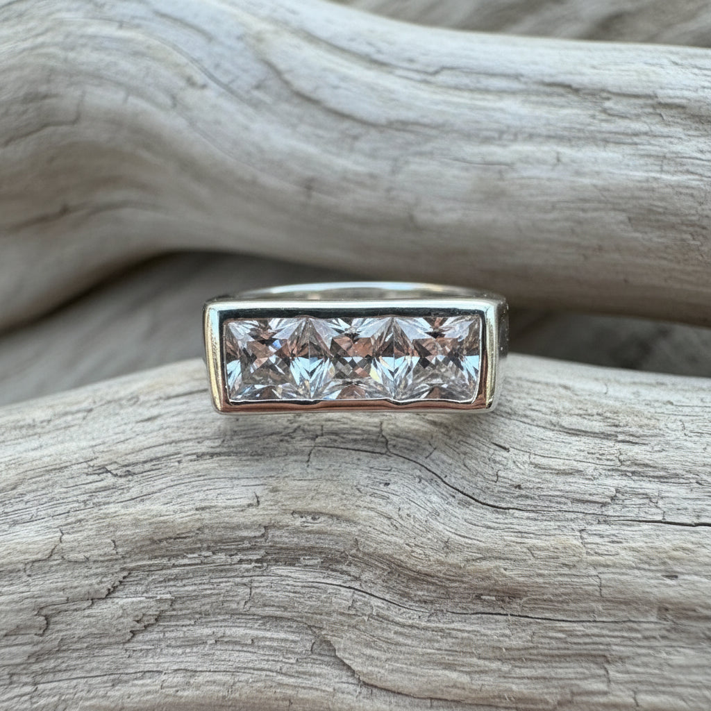 Square Trio CZ and Sterling Silver Ring