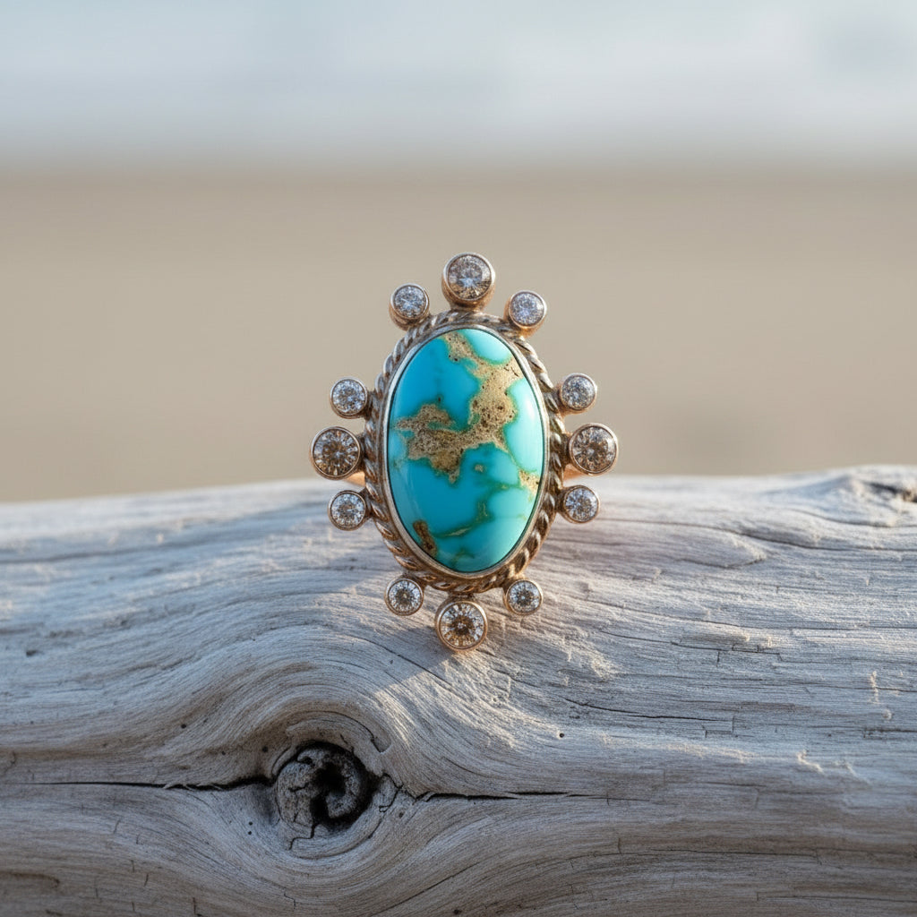 14K and Sterling Silver Sonoran Turquoise and CZ Ring 