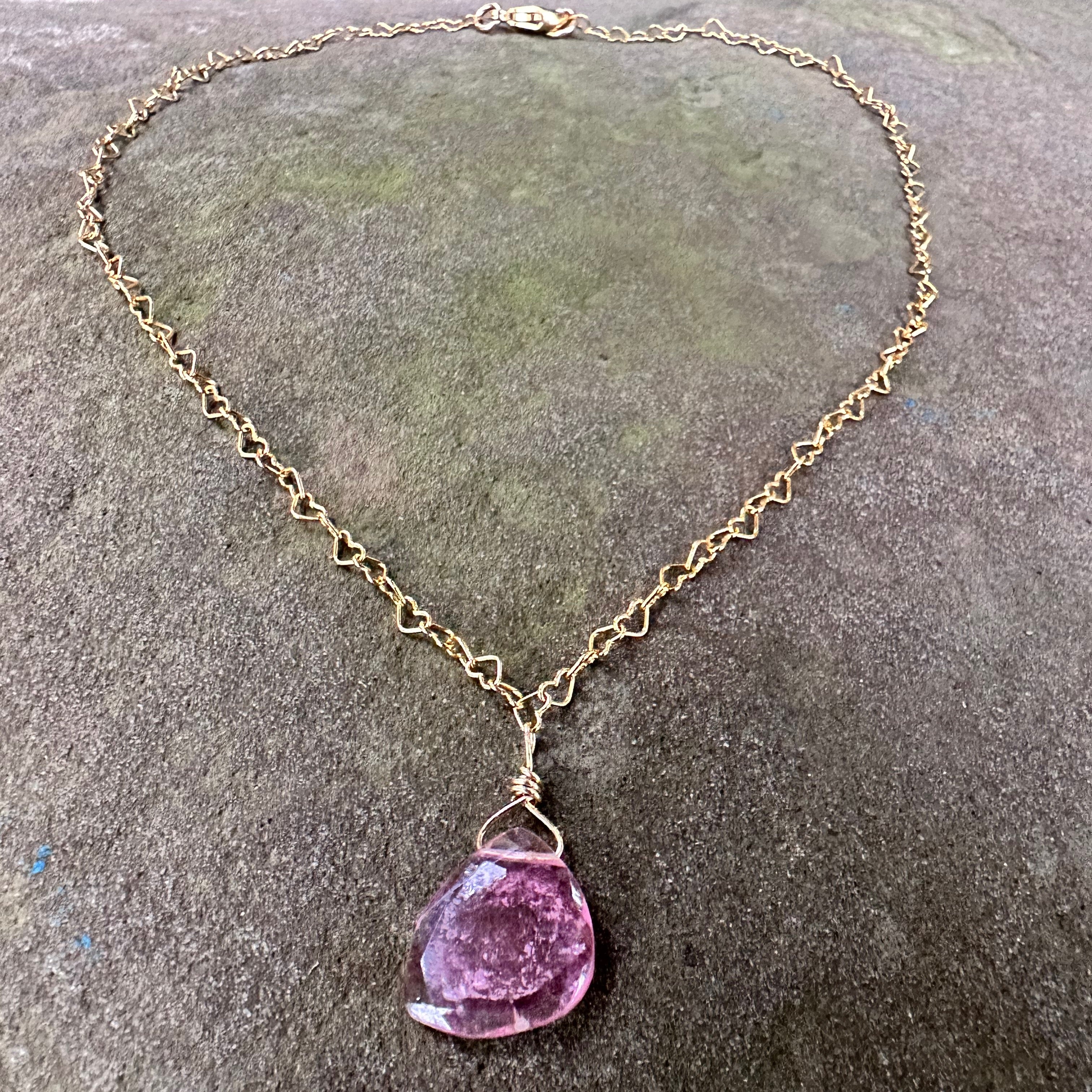 14K GF Heart Link Necklace with Pink Tourmaline Slice