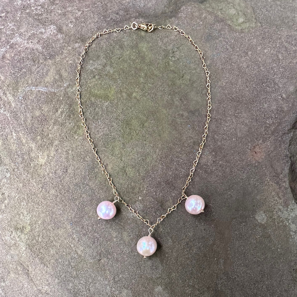 Triple Pink Pearl Drop Heart Link Necklace