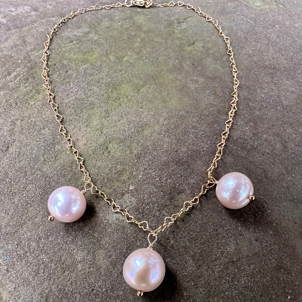 Triple Pink Pearl Drop Heart Link Necklace