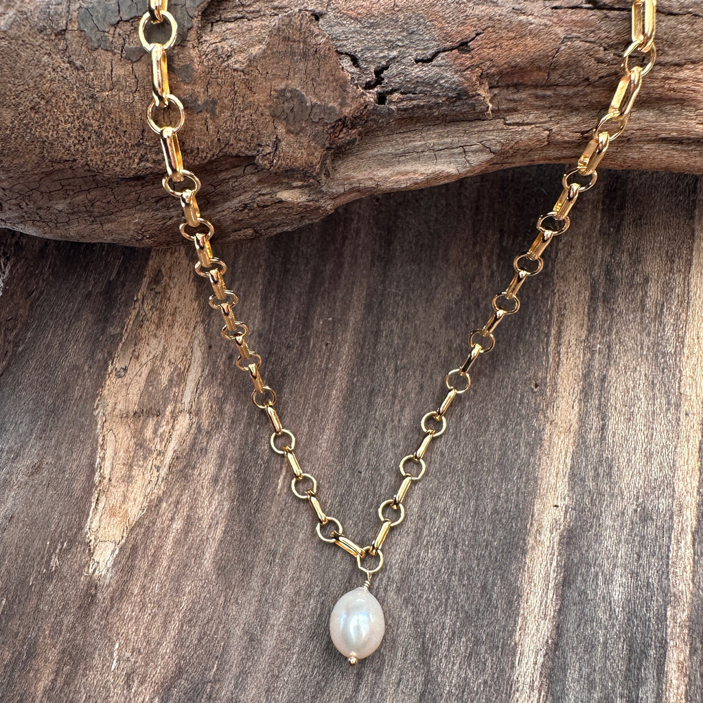 14K GF Freshwater Pearl Bar and Circle Chain