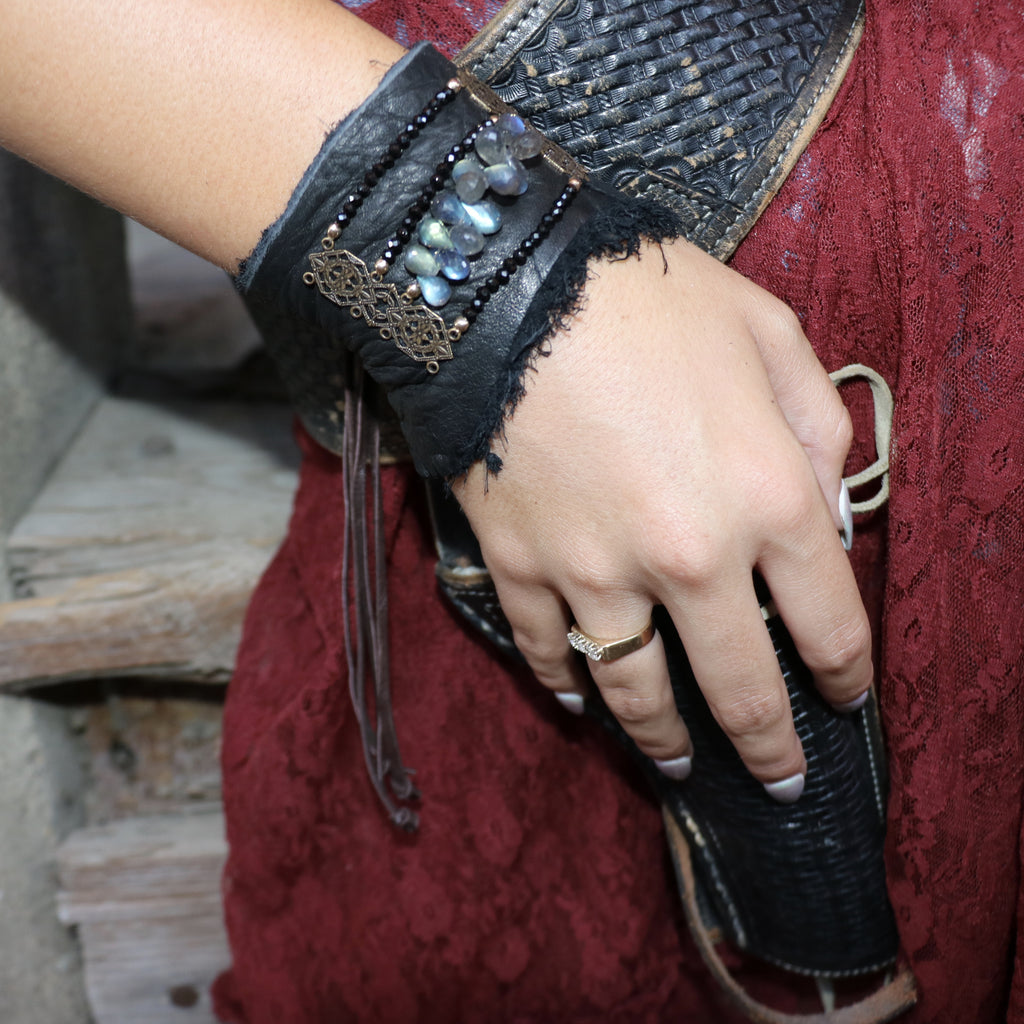 Black Spinel and Labradorite Leather Cuff