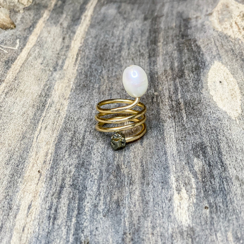 14K GF Spiral Freshwater Pearl and Pyrite Ring