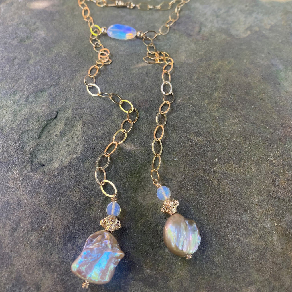 14K GF Opal and Pearl Lariat Necklace