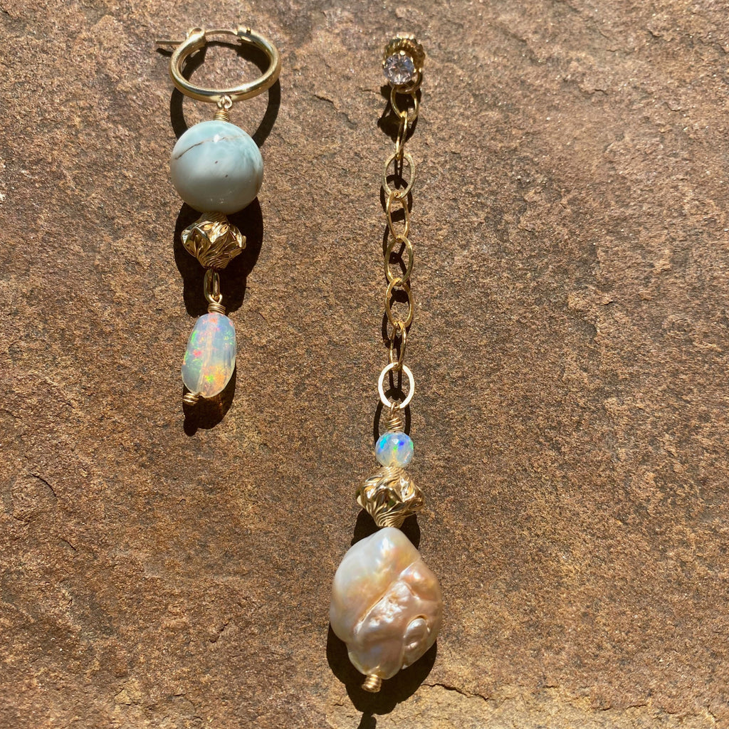 Larimar and Pearl Mismatched Earrings