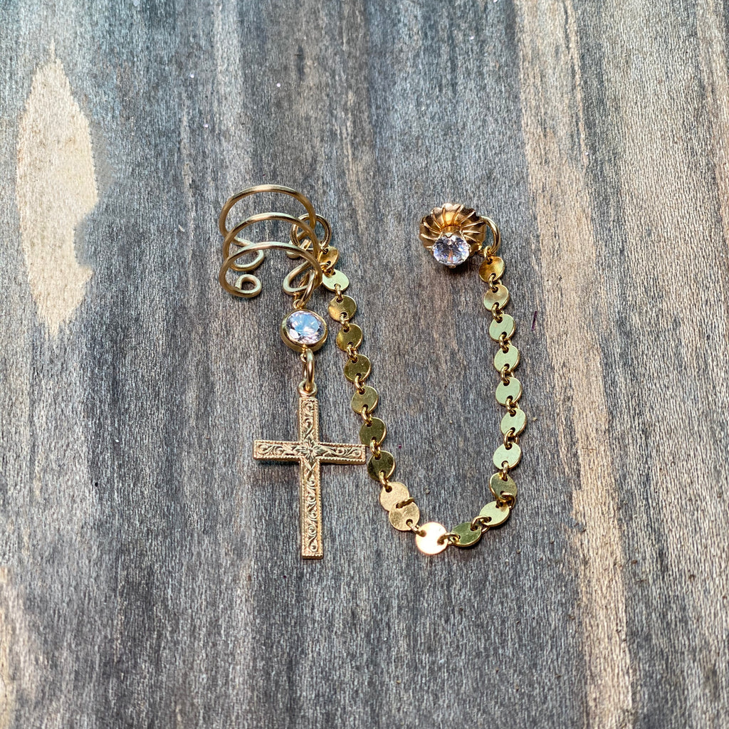 14K GF CZ Ear Cuff with Cross Charm