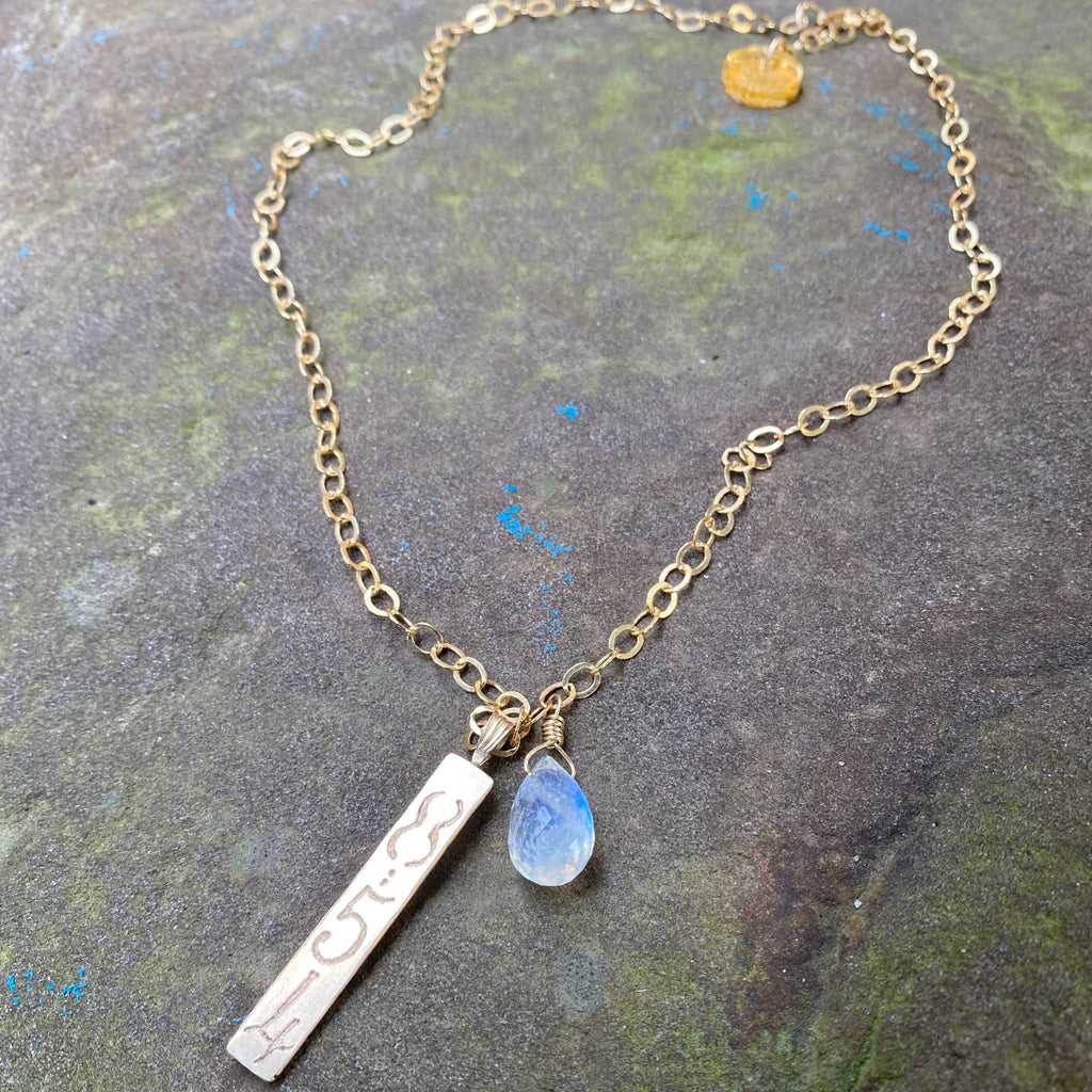 14K GF Engraved Bar Necklace with Moonstone