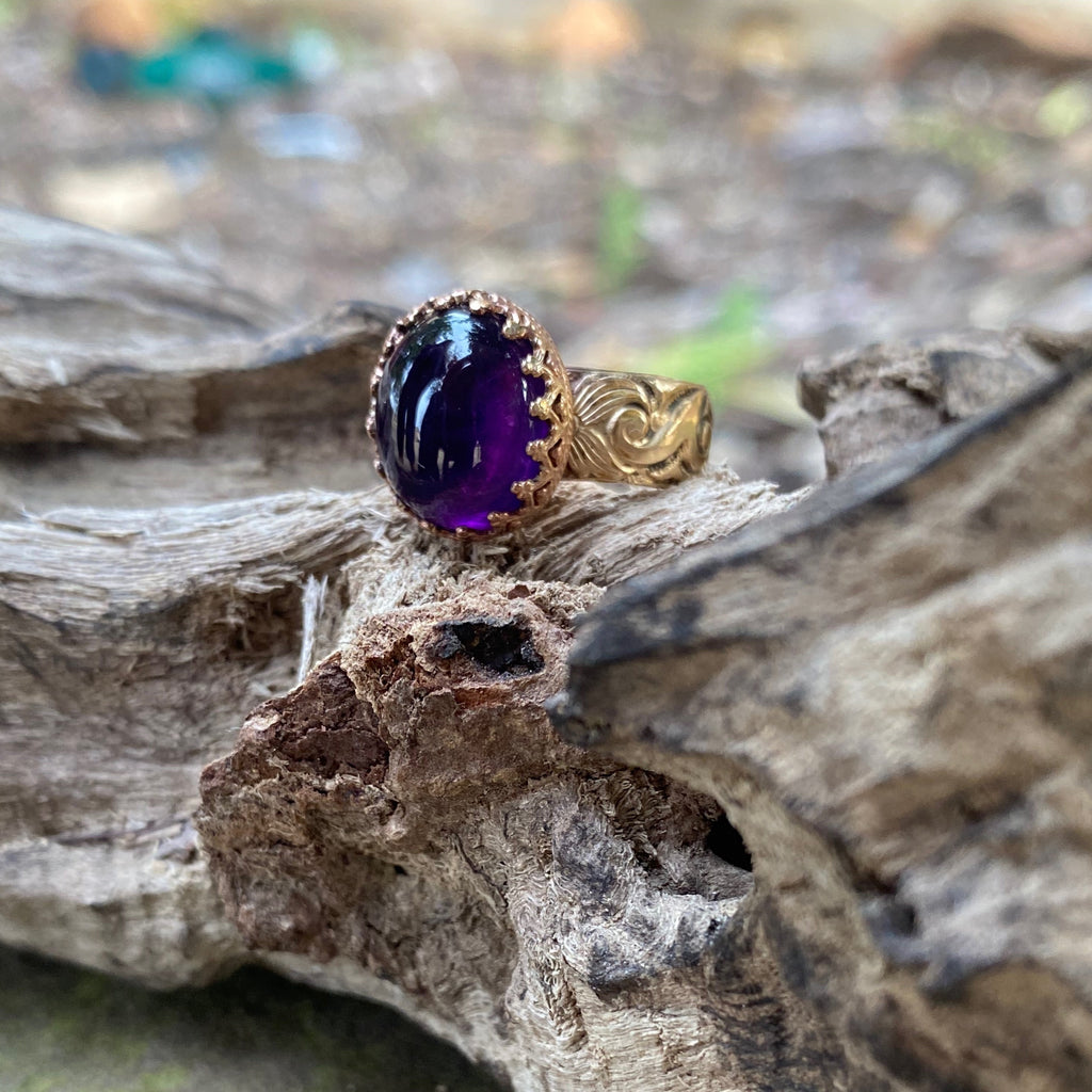 Amethyst Ring with Gallery Bezel and Floral Band