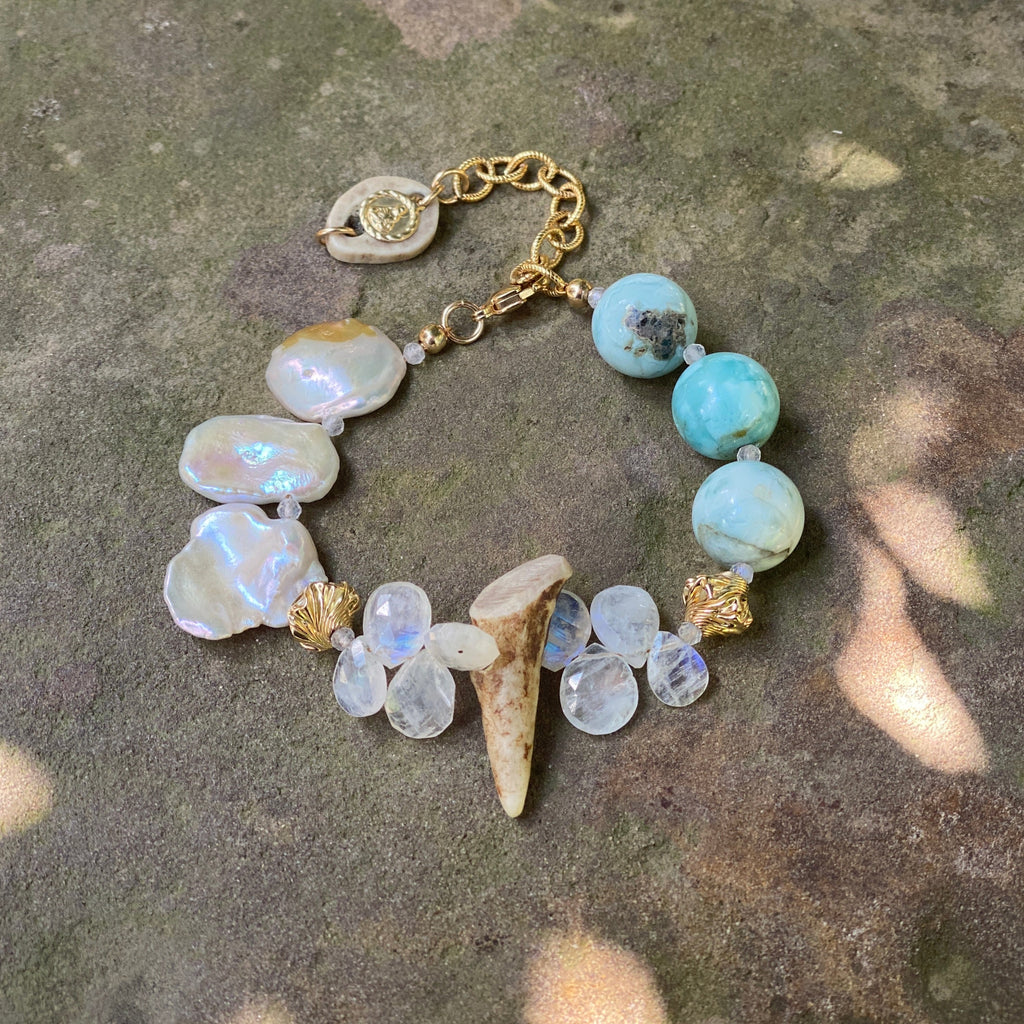 Pearl, Moonstone, Larimar and Horn Bracelet