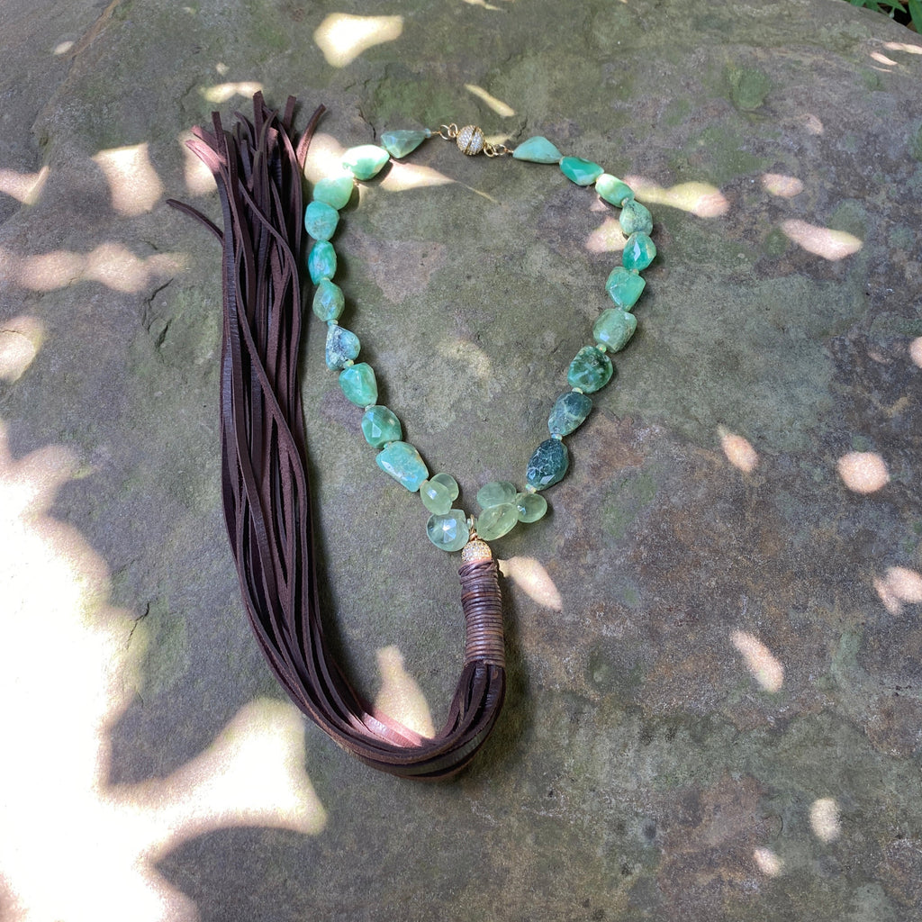 Chrysoprase and Prehnite Leather Tassel Necklace