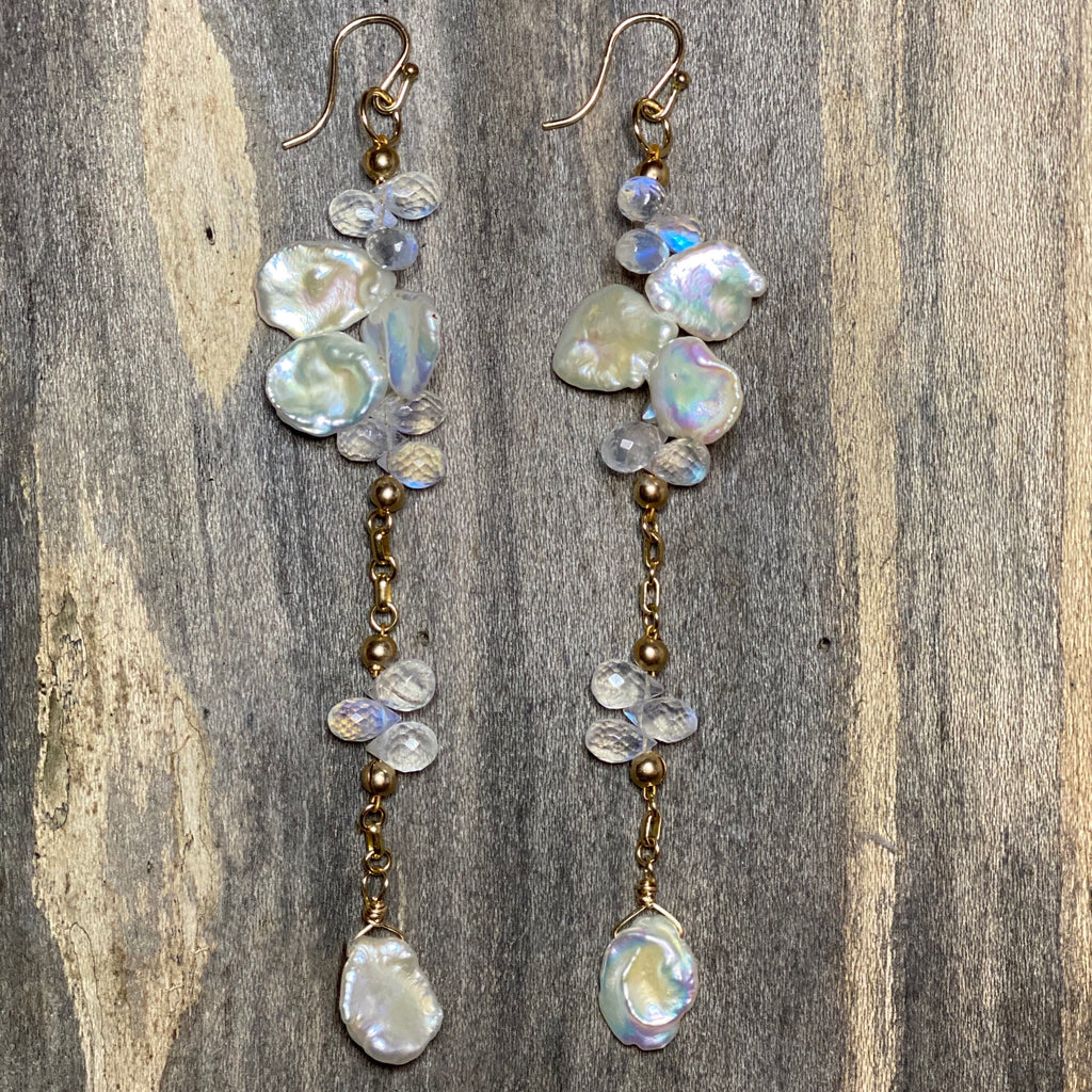 Keshi Pearl and Rainbow Moonstone Earrings