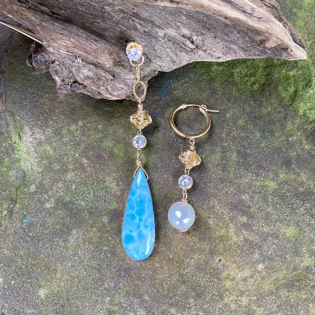 14K GF Mismatched Larimar and Pearl Earrings