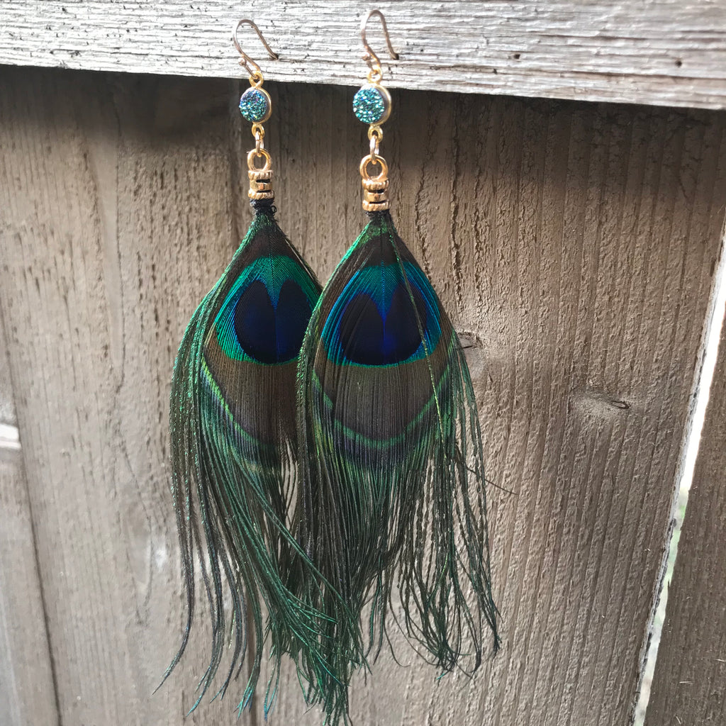 Druzy and Peacock Feather Earrings