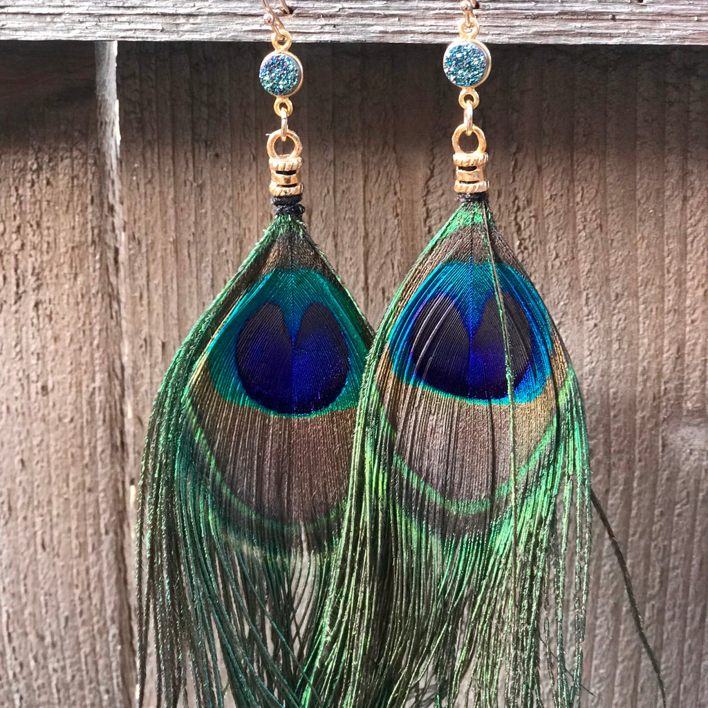 Druzy and Peacock Feather Earrings