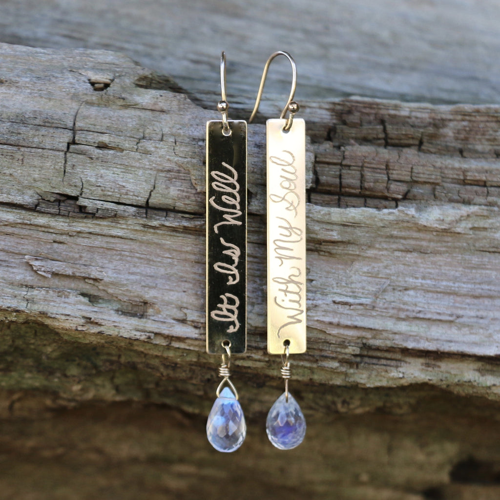 14K GF IT IS WELL WITH MY SOUL Engraved Earrings with Rainbow Moonstone Drops