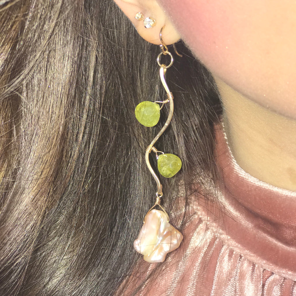 14K GF Pink Keshi Pearl and Green Garnet  Earrings