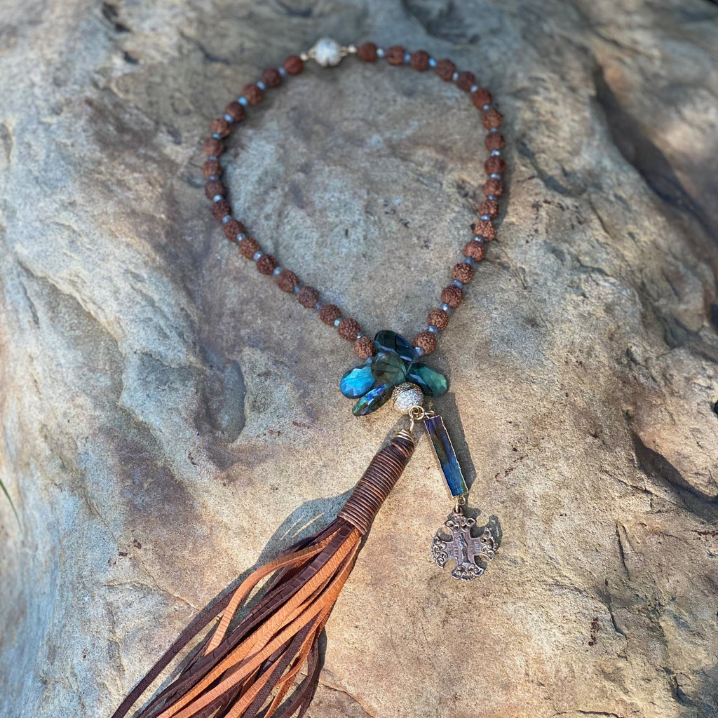 Tree Seed and Faceted Labradorite Tassel Necklace