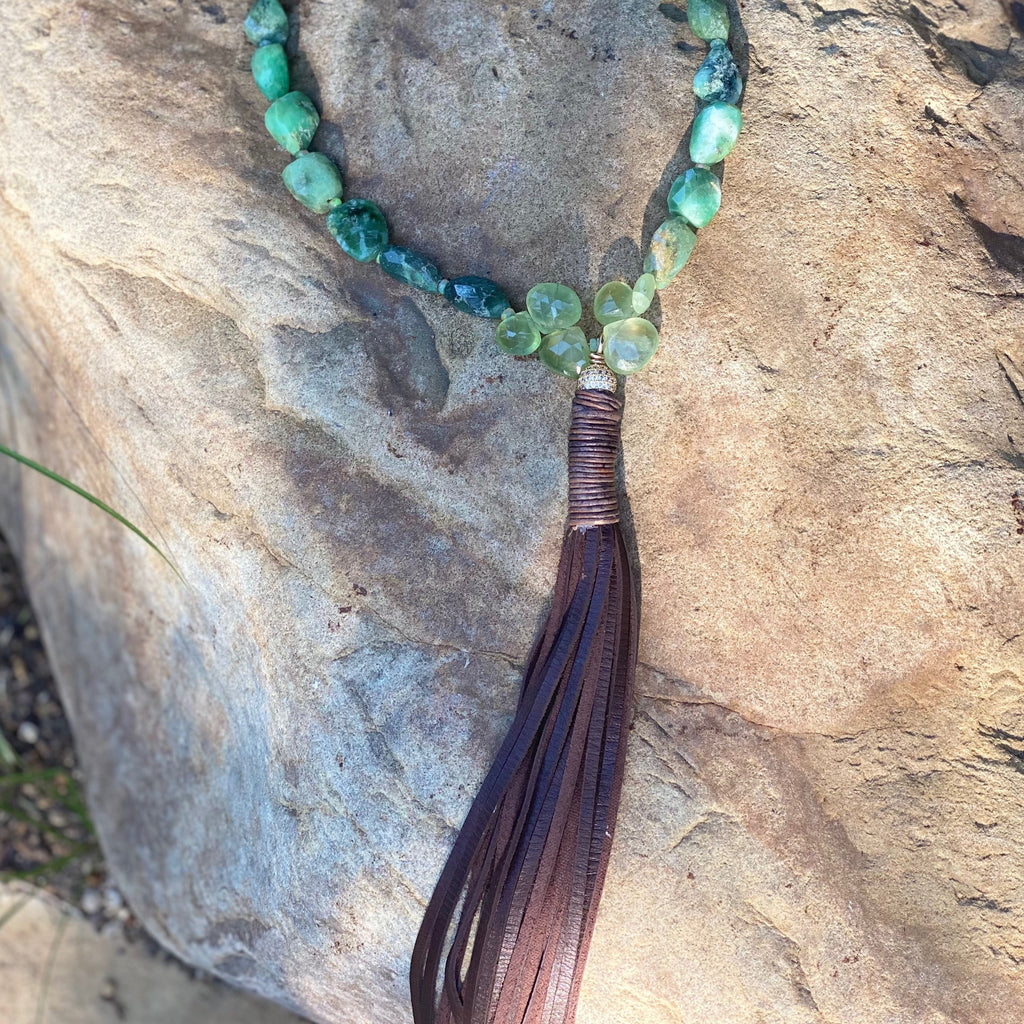 Faceted Nugget Chrysoprase and Prehnite Tassel Necklace