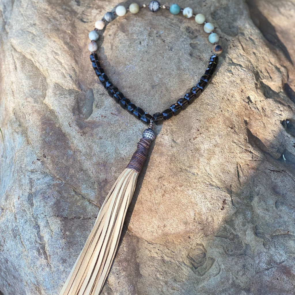 Frosted Amazonite And Smoky Quartz Tassel Necklace 