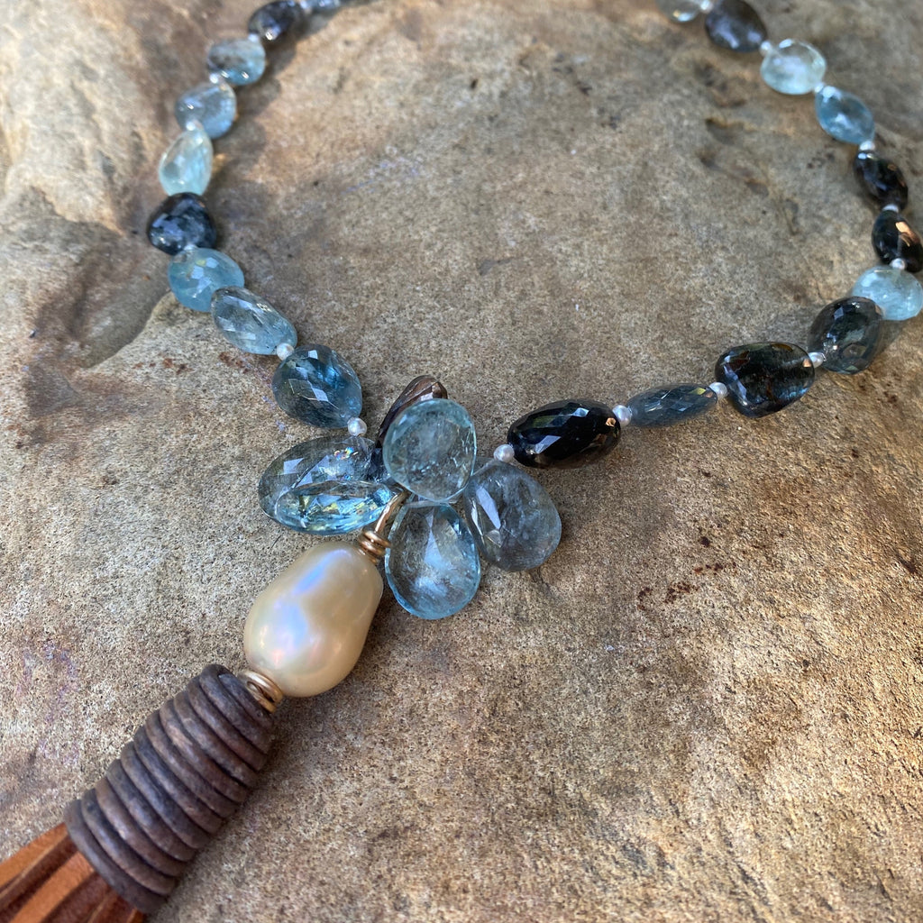 Exquisite Copper Aquamarine and Saltwater Pearl Tassel Necklace